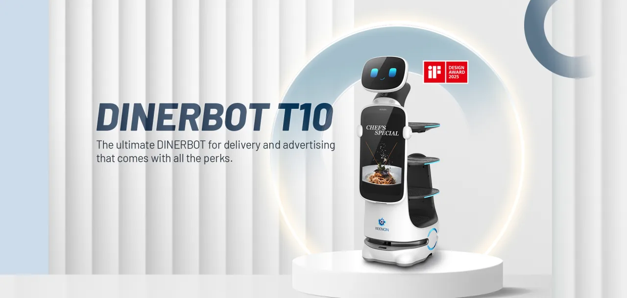 Keenon DINERBOT T10 serving robot with an onboard advertising screen, in a restaurant setting